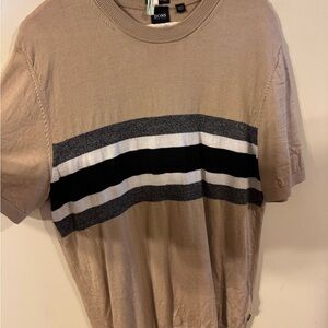 BOSS Men's Beige and Black Striped Tee
